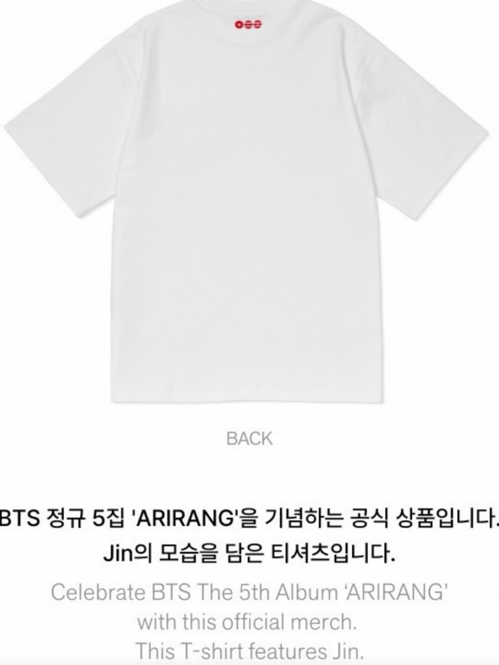 Official ARIRANG BTS JIN S/S Graphic T-Shirt – HYBE / BIGHIT – White – Size M - Picture 3 of 3